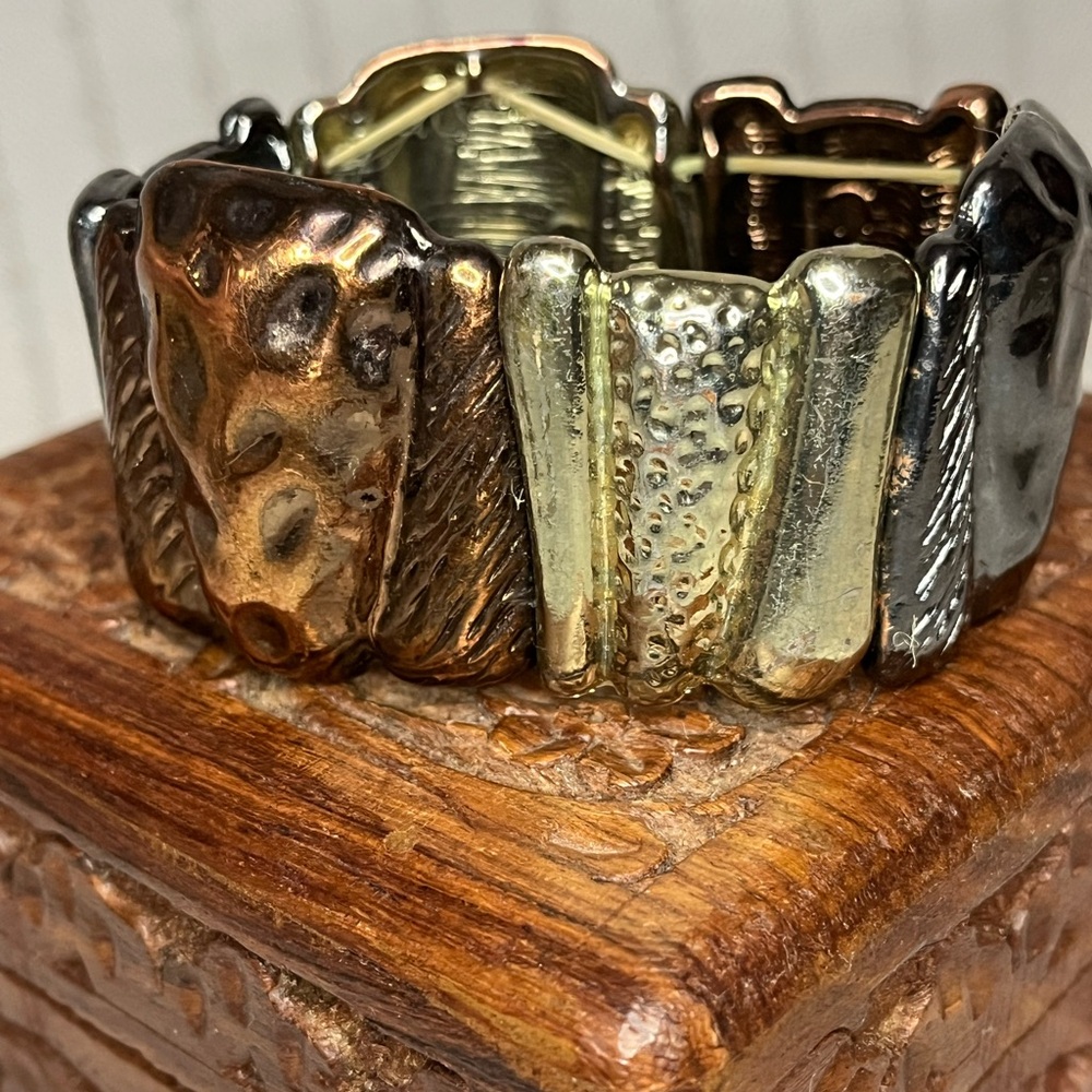 Tri-Tone Textured Stretch Bracelet - Gun Metal, Copper, Silver Boho Artisan